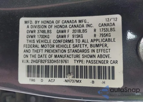 2013 Honda Civic Lx from USA, damaged, VIN 2HGFB2F53DH519761